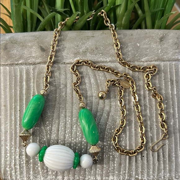Avon Jewelry - Avon come summer green white lucite necklace on goldtone chain circa 1975